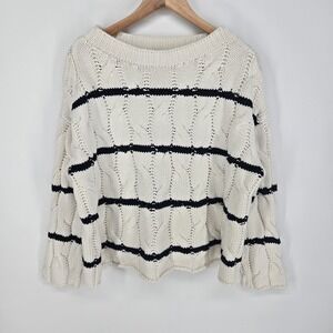 Zara Womens Medium Off White Blue Striped Oversized Cableknit Sweater Pullover
